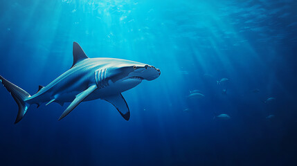 Naklejka premium A majestic shark gliding through clear blue waters, showcasing its streamlined body and powerful presence. The underwater light creates a serene atmosphere around the shark.