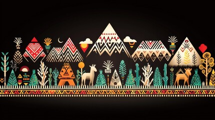 Obraz premium Tribal Geometric Pattern with Mountains Animals and Plants Native American Inspired A