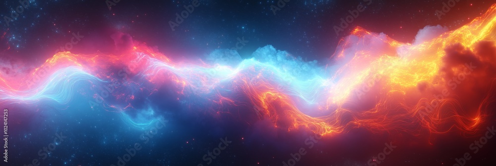 Poster a dynamic composition of glowing neon lines weaving through clouds