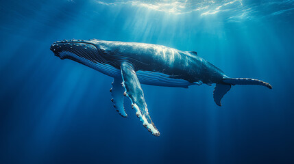 Fototapeta premium A majestic humpback whale swimming gracefully through crystal clear waters, surrounded by sunlight rays, showcasing its natural beauty and serene movement in the ocean.