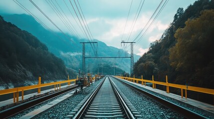 Fototapeta premium Scenic Railway Tracks with Mountain Background