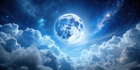 Naklejka premium Low angle full moon with white clouds and stars in night sky filtered in blue tone