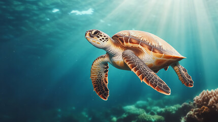 Fototapeta premium A graceful sea turtle swimming effortlessly underwater, surrounded by vibrant marine life and illuminated by soft rays of sunlight filtering through the ocean surface.