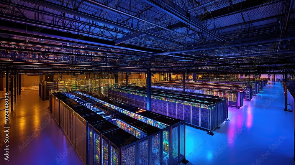 Poster high-tech data center with colorful server racks