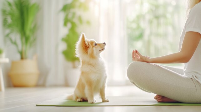 A fluffy dog sits attentively next to a person meditating on a yoga mat in a bright, serene room - Powered by Adobe