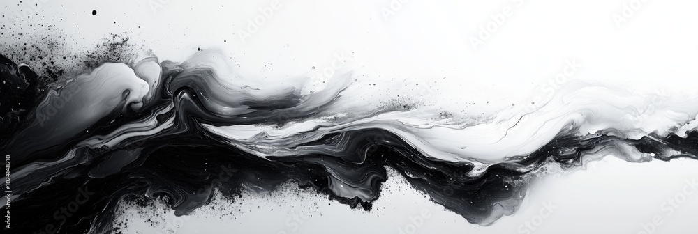 Poster abstract black and white painting with fluid shapes, blending the colors of ink and liquid paint to 