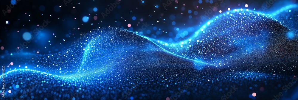 Poster abstract blue digital background with glowing lines and bokeh lights, data transfer concept