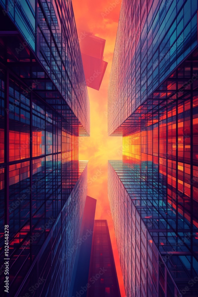 Poster repetitive geometric layout of skyscrapers in a synthwave style, forming a symmetrical design.