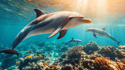 Obraz premium A group of playful dolphins swimming gracefully through a vibrant coral reef, illuminated by sun rays filtering through the clear ocean water, creating a stunning underwater scene.