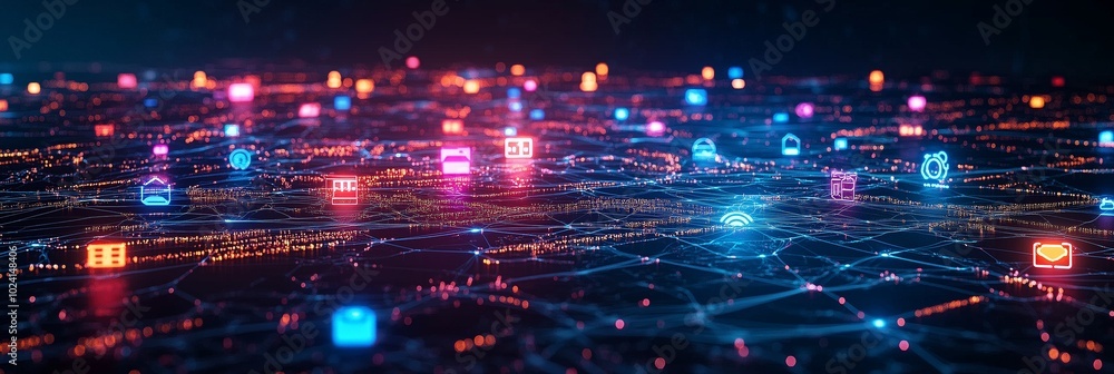 Poster abstract digital network with glowing icons of social media and video streaming services on a dark b