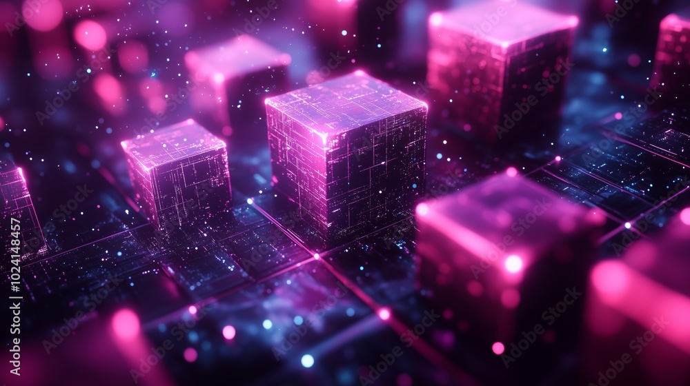 Poster abstract futuristic background with cubes in space, glowing and sparkling elements