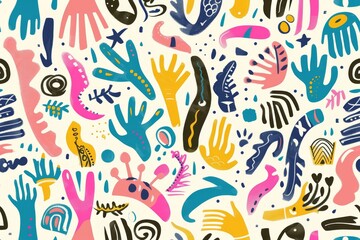 Vibrant and whimsical abstract illustration featuring a variety of hand-drawn shapes and patterns in bold colors.