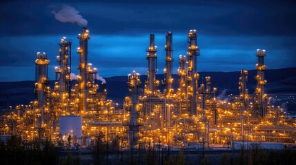 Fototapeta premium Night View of Illuminated Industrial Complex