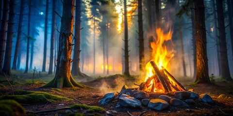 Small Campfire in Misty Forest at Dusk - Campfire Safety and Forest Fire Protection in Nature's Tranquil Setting