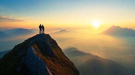 Couple Silhouetted on Mountaintop at Sunrise Over Foggy Valley