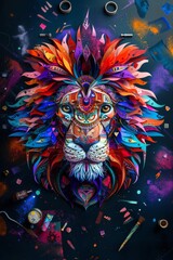Fototapeta premium A stunning abstract lion artwork featuring vibrant colors, intricate patterns, and feather-like elements on a dark background.