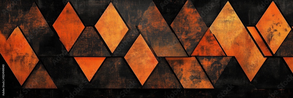 Poster dark orange and black background with triangular patterns, creating an abstract design that resemble