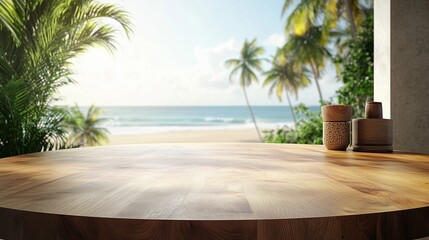 Fototapeta premium Empty, beautiful, round wooden tabletop counter on an interior in a clean and bright beach background