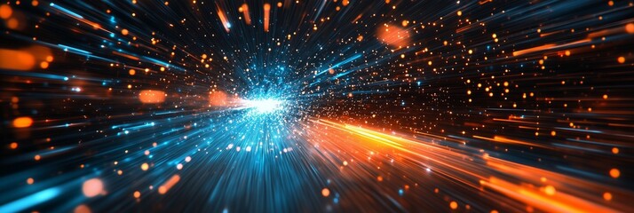 Obraz premium Light speed, light beam in blue and orange colors with motion blur background