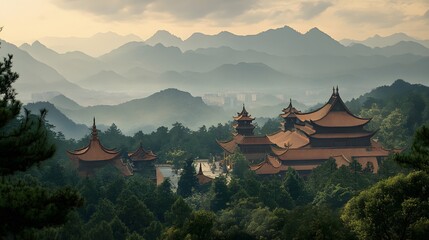 Obraz premium An ancient East Asian temple complex with tall spires framed by distant mountains