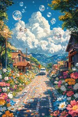 Obraz premium Flower Seascape: A Long Car Journey Under a Blue Sky with White Clouds and Bubble Mart Vistas