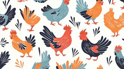 Obraz premium Colorful Chicken Pattern Illustration on a White Background
