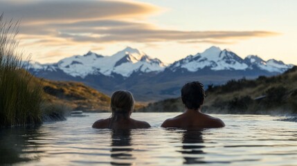 Couple Relaxing in a Hot Spring with a Mountain View at Sunrise
