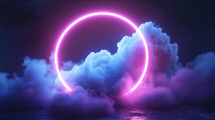 3d render, abstract cloud illuminated with neon light ring on dark night sky. Glowing geometric shape, round frame