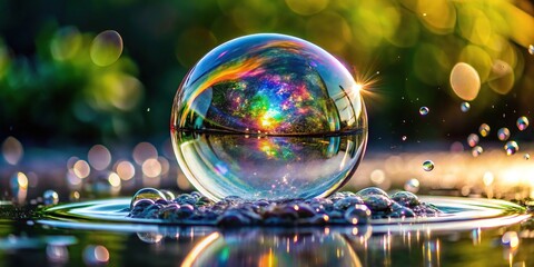 Low angle shot capturing a mesmerizing bubble burst moment with shimmering droplet spray