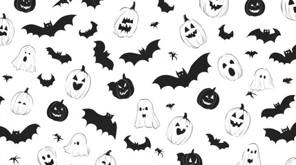 Naklejka premium Seamless Halloween Pattern with Bats, Pumpkins, and Ghosts on White Background