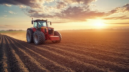 Fototapeta premium A large modern tractor plowing a field at sunrise, with the warm golden light highlighting the machinery. The expansive sky offers ample copy space to the upper left