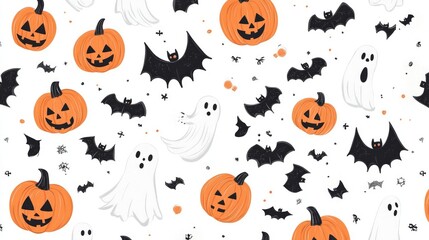 Seamless Halloween Pattern with Bats, Pumpkins, and Ghosts on White Background