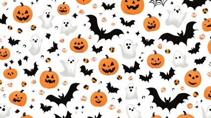 Fototapeta premium Seamless Halloween Pattern with Bats, Pumpkins, and Ghosts on White Background