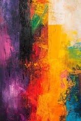 A painting with a rainbow of colors and a black line. The painting is abstract and has a lot of texture