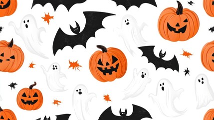 Naklejka premium Seamless Halloween Pattern with Bats, Pumpkins, and Ghosts on White Background