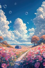 Flower Seascape: A Long Car Journey Under a Blue Sky with White Clouds and Bubble Mart Vistas
