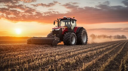 Fototapeta premium A large modern tractor plowing a field at sunrise, with the warm golden light highlighting the machinery. The expansive sky offers ample copy space to the upper left
