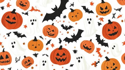 Fototapeta premium Seamless Halloween Pattern with Bats, Pumpkins, and Ghosts on White Background