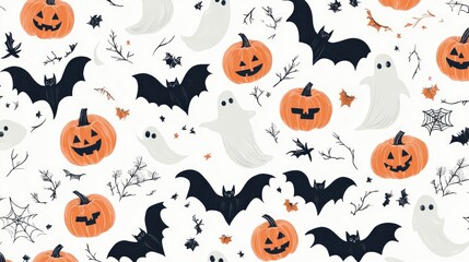 Obraz premium Seamless Halloween Pattern with Bats, Pumpkins, and Ghosts on White Background