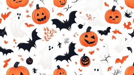Fototapeta premium Seamless Halloween Pattern with Bats, Pumpkins, and Ghosts on White Background