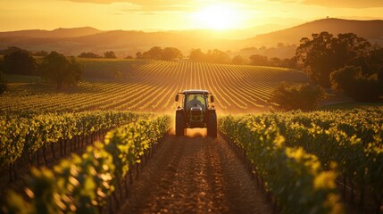 Obraz premium A tractor equipped with precision farming tools moves through a vineyard at sunset, with golden light and open sky providing space for copy at the top of the image