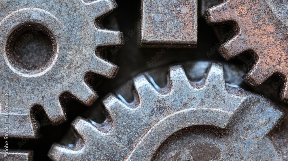 Poster close-up of rusty metal gears and cogs in texture