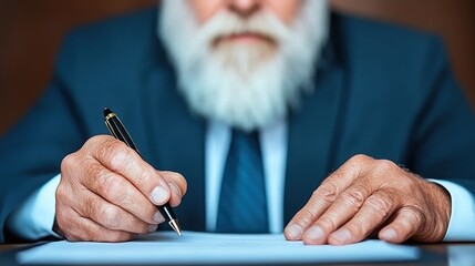 Close-up of a man in a suit signing a document with a pen.