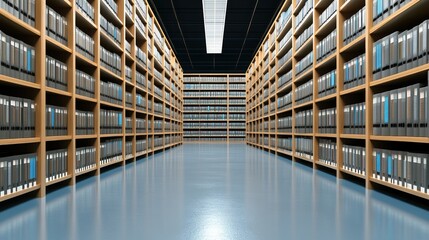 A modern archive room with neatly organized shelves and files.
