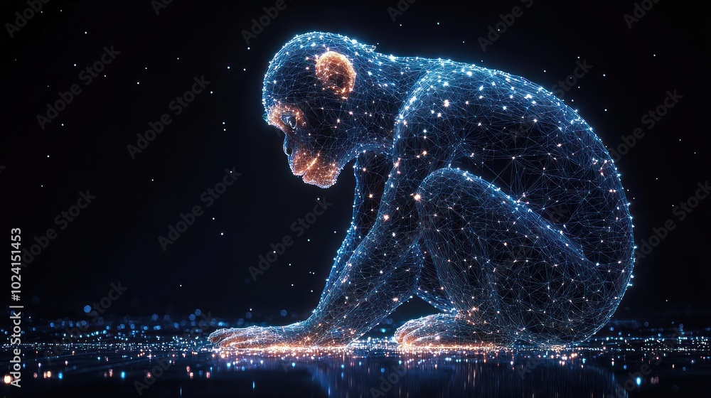 Poster a digital rendering of a monkey, depicted as a glowing wireframe on a dark background, conveying a s