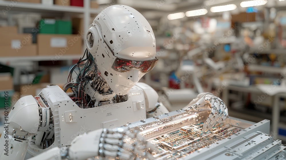 Poster industrial robot working on circuit board in factory