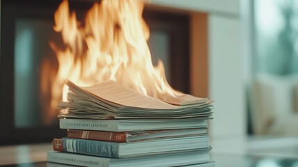 Burning books symbolizing censorship and the loss of freedom of expression.
