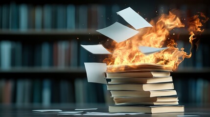 Books burning, symbolizing censorship and lost knowledge, dark library background.