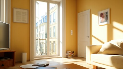 Fototapeta premium Bright living room with sunlight streaming through large windows.
