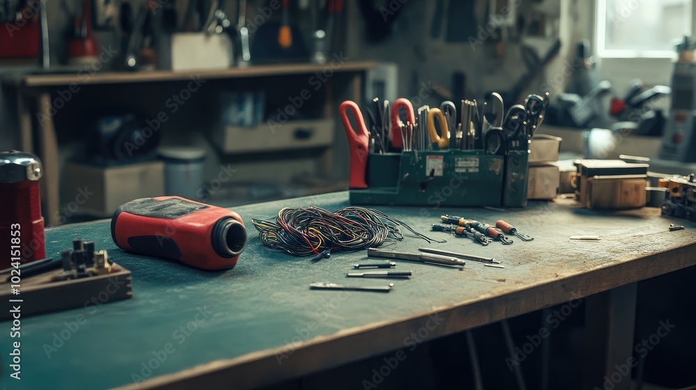 Poster workbench with tools and equipment in workshop